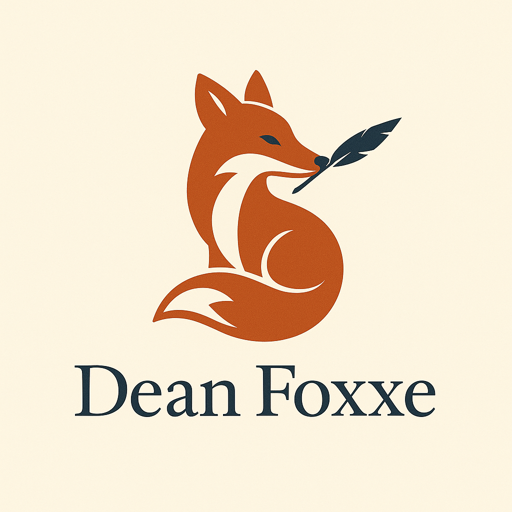 Dean Foxxe Logo. A fox holding a quill in its mouth.